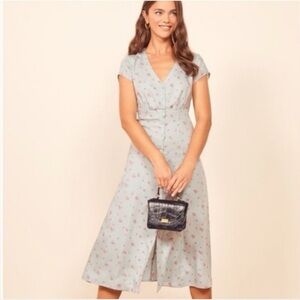 Reformation Denise Midi Dress L Pastel Blue Floral Cottagecore Prairie Sundress